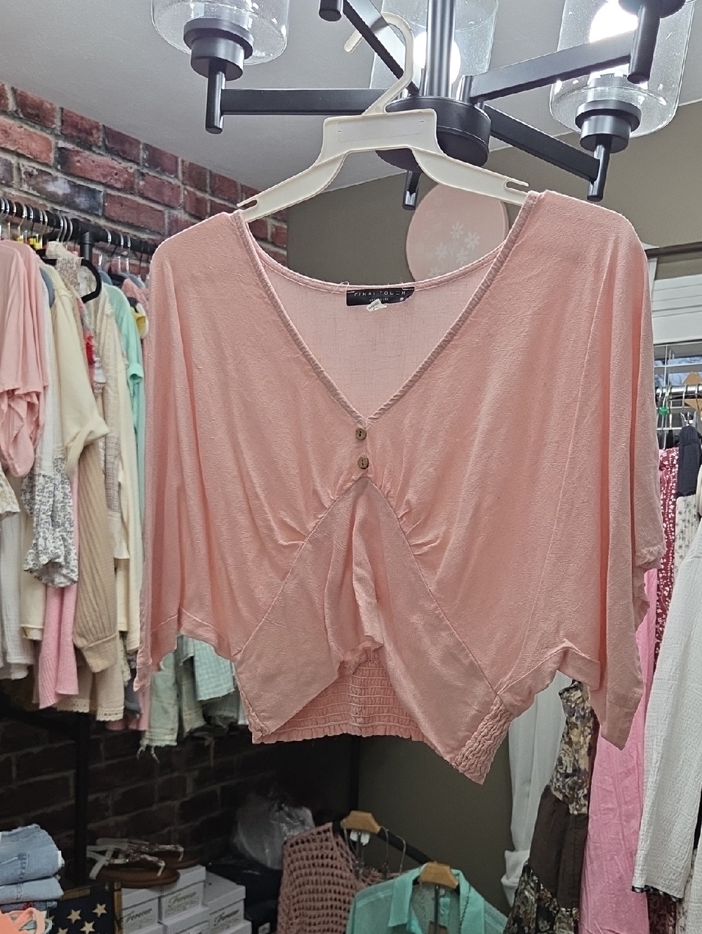 Final Touch Blush Pink V-Neck Button Crop Top, Buttons Are Non-functional
